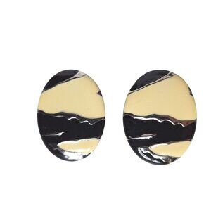 Vintage Oval Pierced Earrings Black Beige Enamel Jewelry